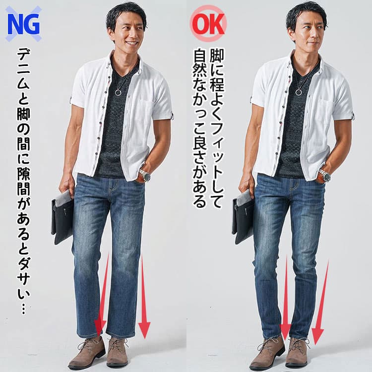 裾が下にまっすぐと落ちたジーンズとテーパードシルエットのジーンズの比較