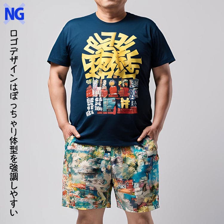 ロゴデザインで体型が目立ってしまいぽっちゃり体型カバーができていないコーデ例