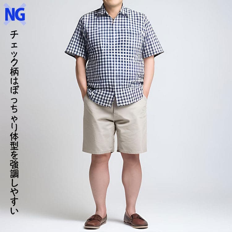 チェックデザインで体型が目立ってしまいぽっちゃり体型カバーができていないコーデ例