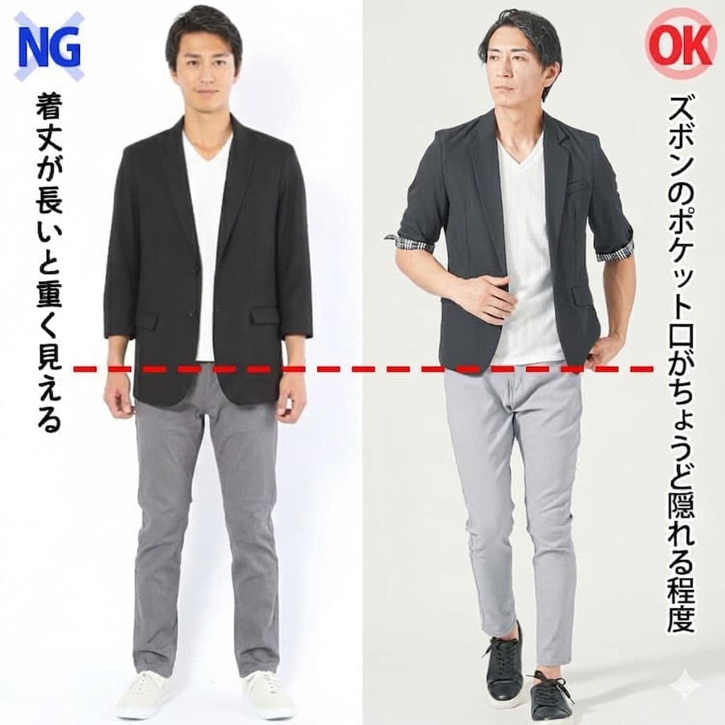 着丈が長い薄手ジャケットとズボンのポケット口がちょうど隠れる程度の薄手ジャケットの比較