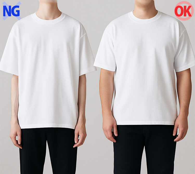 細身体型の男性と太め体型の男性がオーバーサイズのTシャツを着た比較