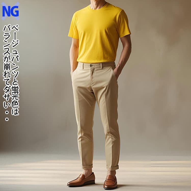 ベージュパンツに黄色のTシャツを合わせたダサい夏コーデ例