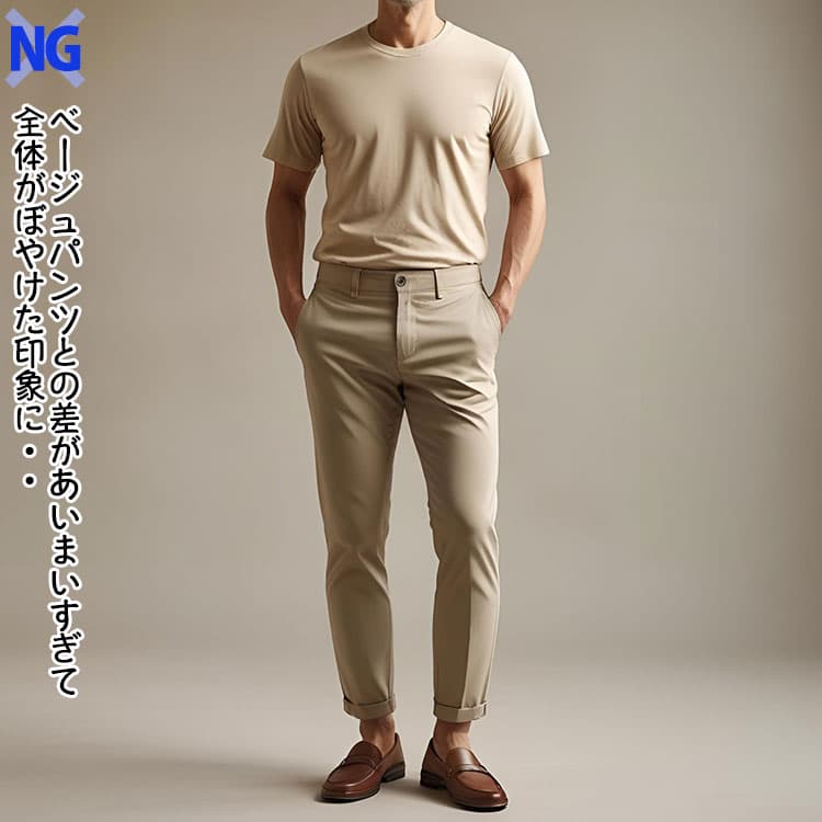 ベージュパンツにベージュTシャツを合わせたダサい夏コーデ例
