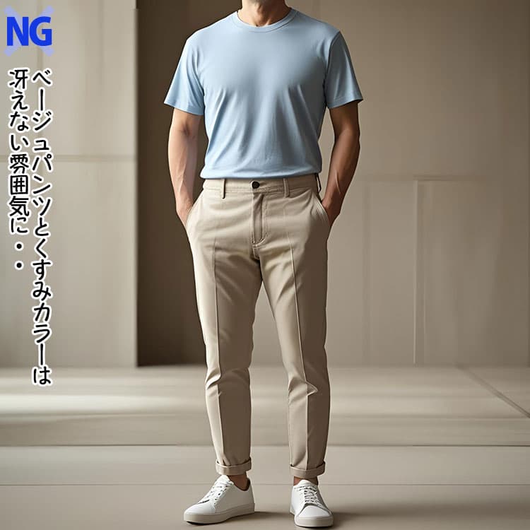 ベージュパンツにくすみブルーTシャツを合わせたダサい夏コーデ例