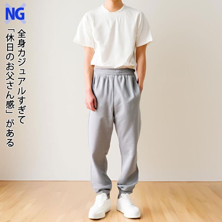 全身カジュアルすぎて「休日のお父さん感」が出てしまう50代のTシャツ失敗例