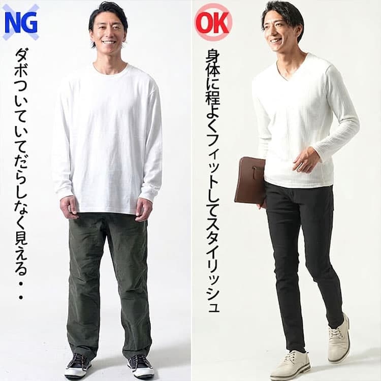 ゆったりとした白Tシャツと身体に程よくフィットしたきれいなシルエットの白Tシャツの比較例