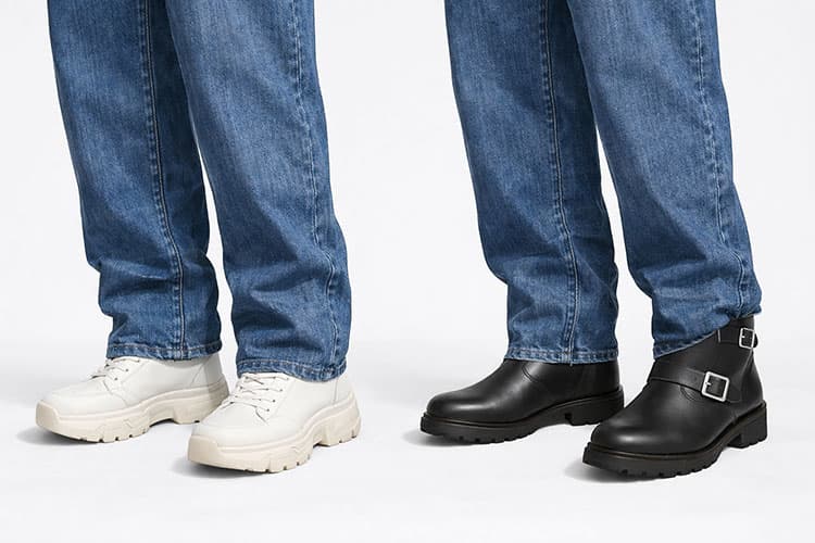 ワイドデニムにチャンキーソールのスニーカー・エンジニアブーツを合わせた例