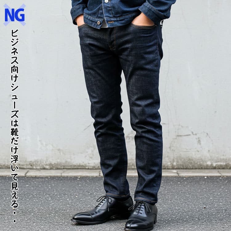 メンズが避けるべきデニムと尖った革靴を合わせたNGコーデ例