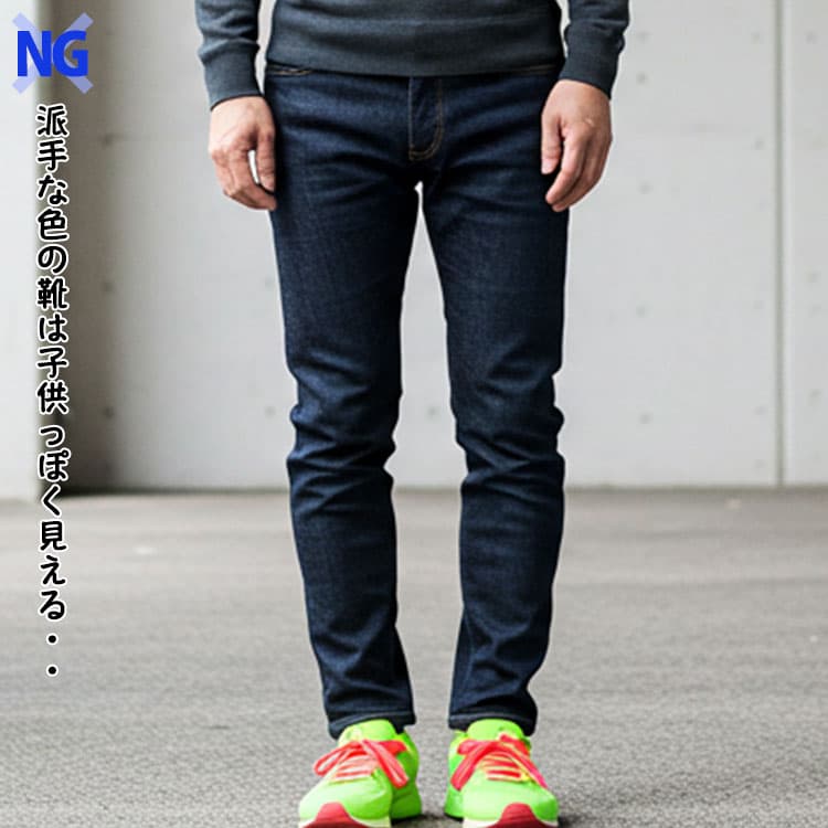 メンズが避けるべき派手な色の靴を合わせたNGコーデ例