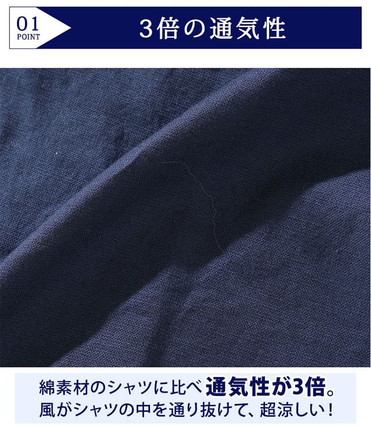 夏シャツにふさわしい品の良さと3倍の通気性を誇る麻素材(リネン)の説明画像