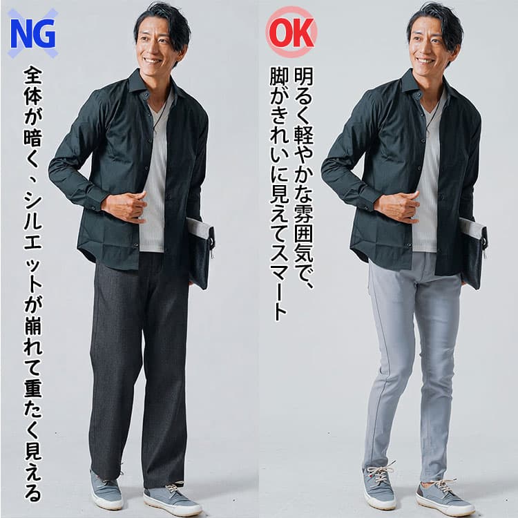 太い暗い色のパンツと程よくフィットした薄い色のパンツの黒シャツコーデ比較例