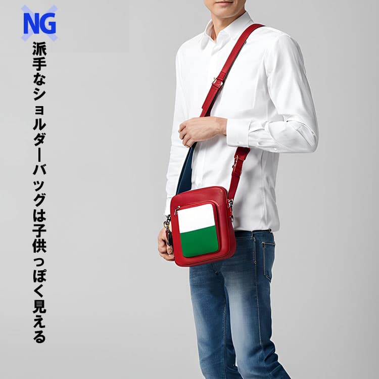 子供っぽく見えてしまう派手なショルダーバッグのNG例