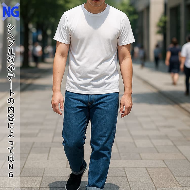 夏のデート服に悩むメンズが白Tシャツとデニムで街中を歩くコーディネート例。汗ジミが目立ち、体型を拾ってしまい、黒スニーカーと白ソックスの組み合わせが野暮ったく見えるNGファッション