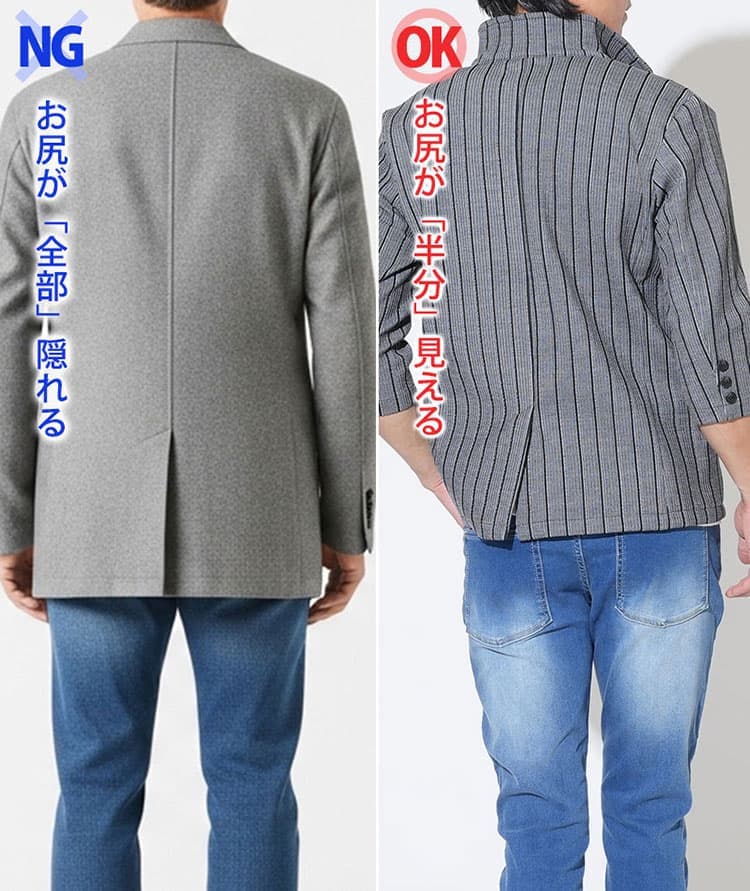 着丈が長いジャケットと着丈が短いジャケットの後ろ姿比較