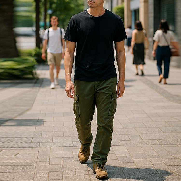 真夏の街中を歩く黒Tシャツとカーキのカーゴパンツ姿の男性。トップスとボトムスの色が重く、季節感が合っていないため暑苦しく見えるコーディネート例。