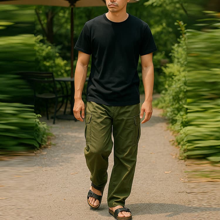 黒Tシャツと太めのカーキカーゴパンツを着て、自然が多いカフェの小道を歩く男性。夏にアウトドア感が出すぎてしまうコーデの例
