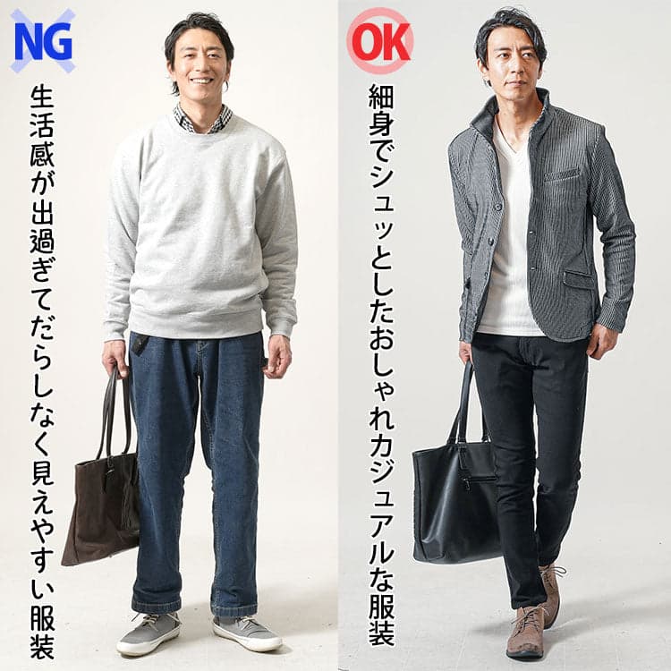 居酒屋などの同窓会の失敗しがちな私服を使った50代カジュアルメンズコーデ例とかっこいいコーデ例比較