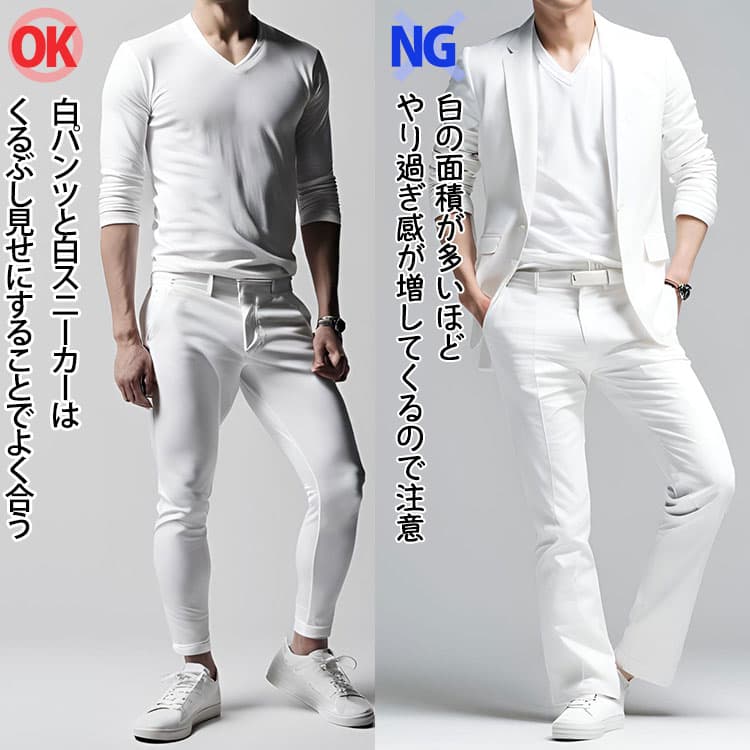 白パンツと白スニーカーはくるぶし見せにすることでよく合う