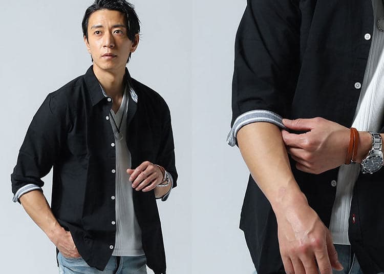 黒シャツ メンズ コーデ 7分袖シャツ