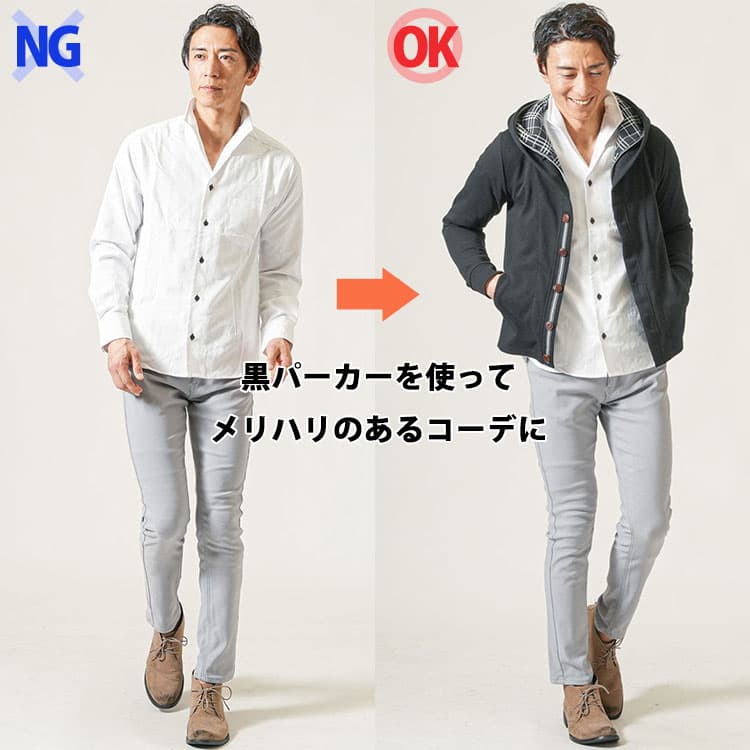 グレーパンツとネイビージャケットを使った失敗しない秋冬コーデ