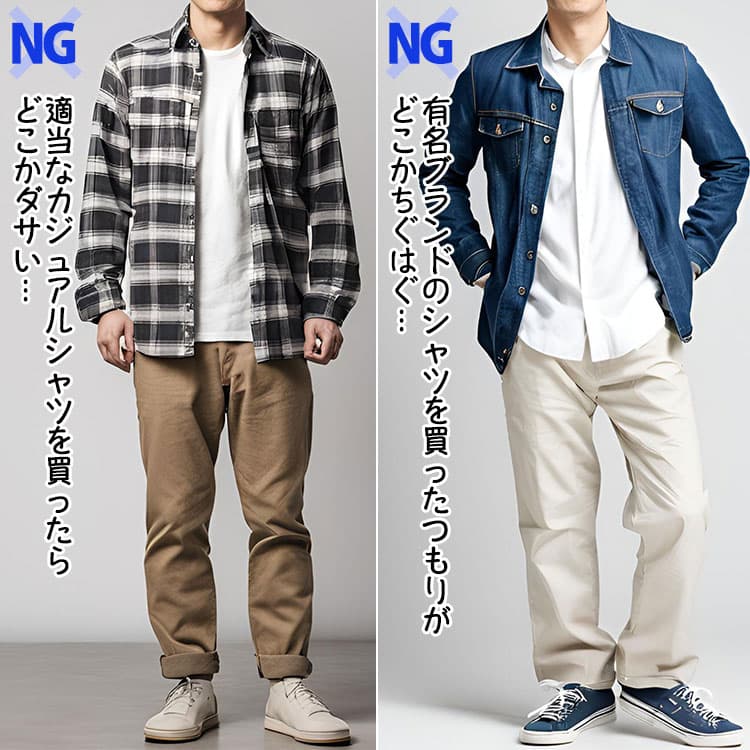 ブランドもののカジュアルシャツでもダサく見える例