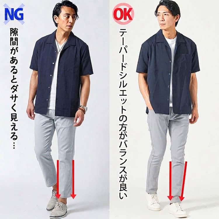 ダサいパンツコーデとテーパードシルエットのパンツコーデの比較