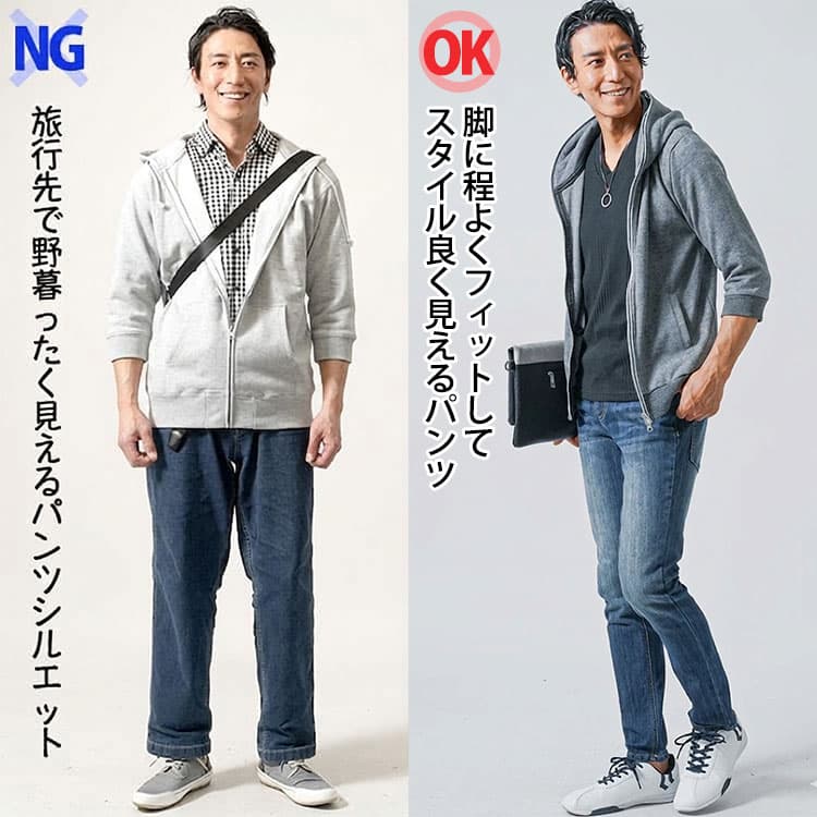 脚に程よくフィットしたパンツとそうでないパンツの比較画像