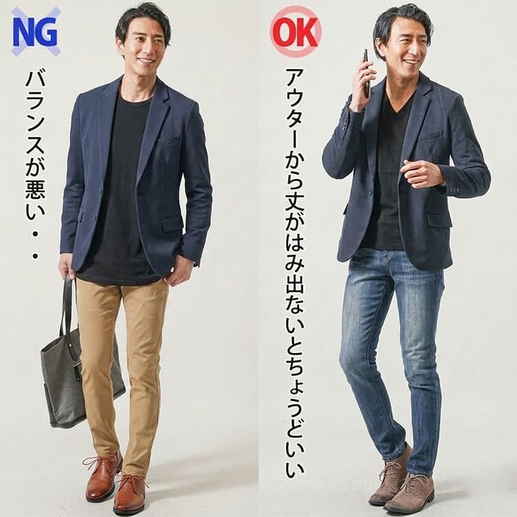 着丈が長い黒ロンTと着丈が短い黒ロンTにジャケットを羽織ったコーデの比較