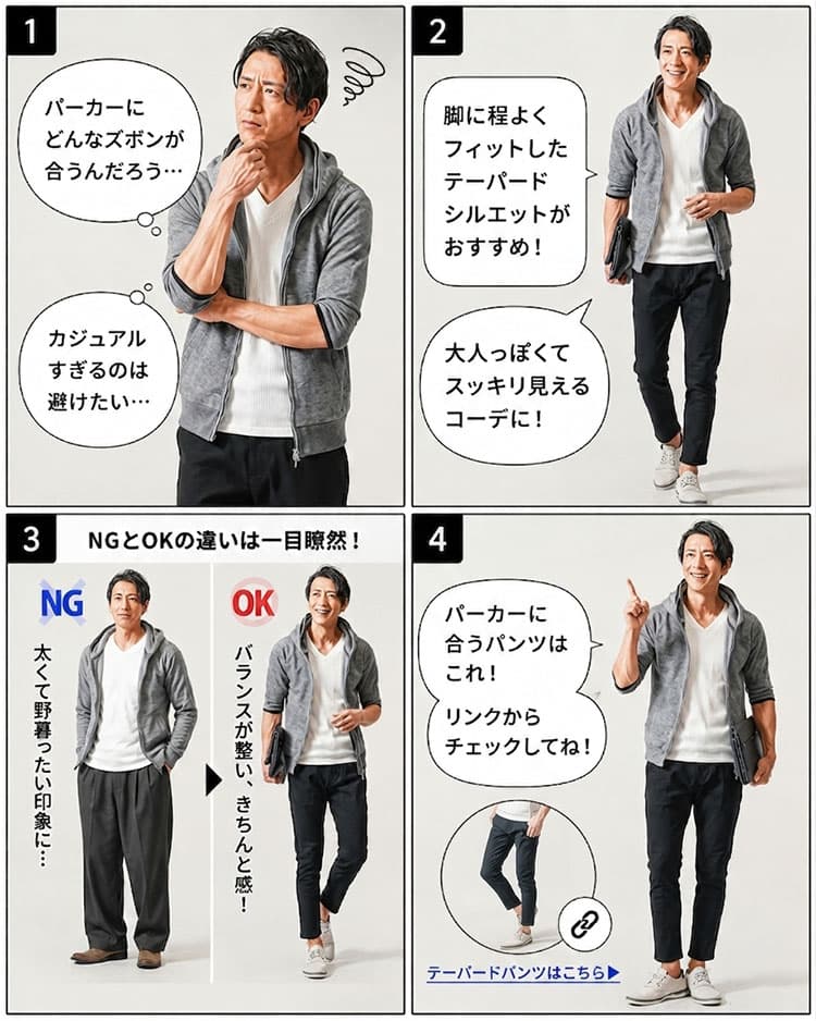 パーカーにぴったりなズボン選びの4コマ漫画