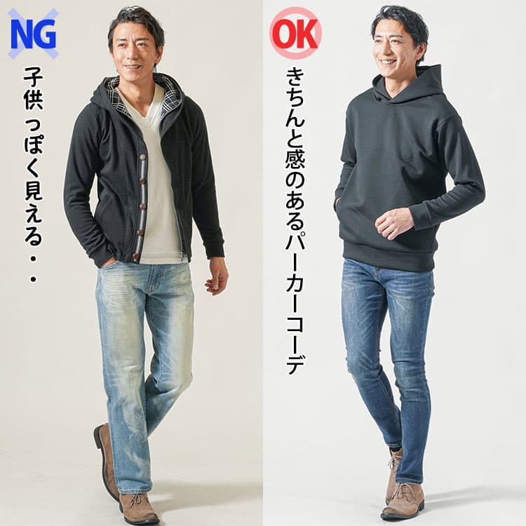 パーカーとダボ付きのあるデニムパンツを合わせたコーデときれいなシルエットのデニムパンツをはいたコーデの比較