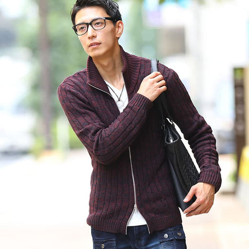 ケーブル編み込みジップアップスタンドニットアウター