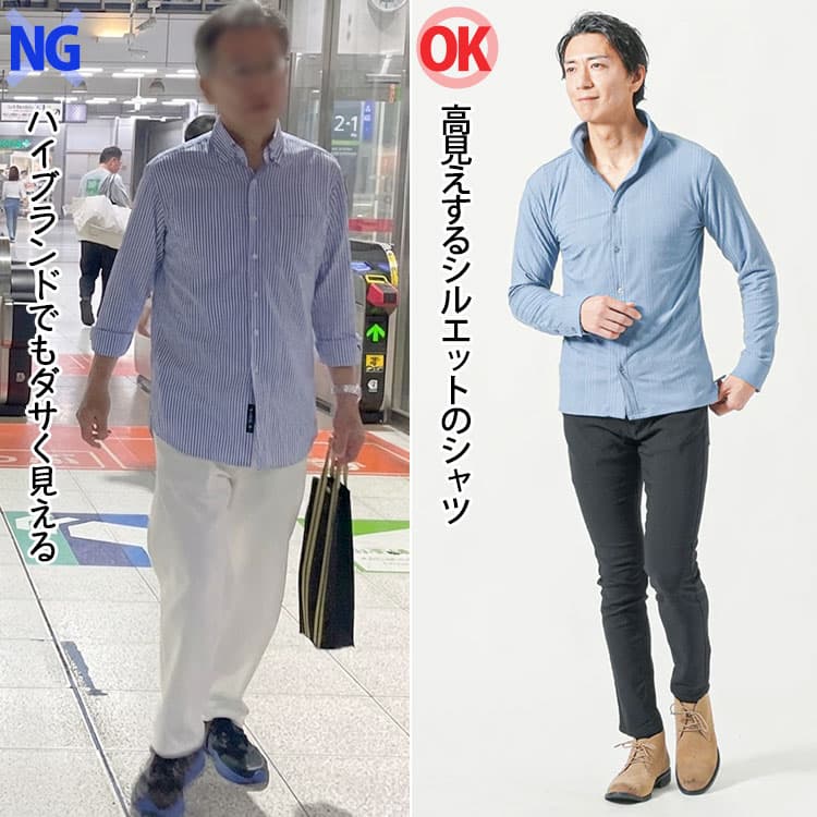 ブランドファッションでもシルエットが悪いとダサく見える服とノンブランドでも高見えする服装の比較