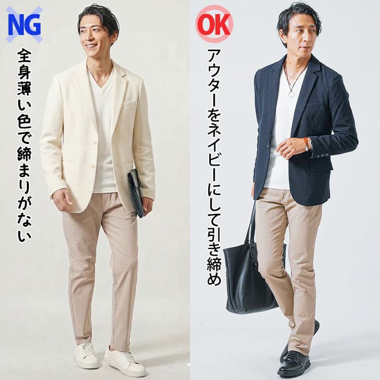 メンズの全身薄い色で締まりがないNGコーデとアウターをネイビーにして引き締まったOKコーデの比較