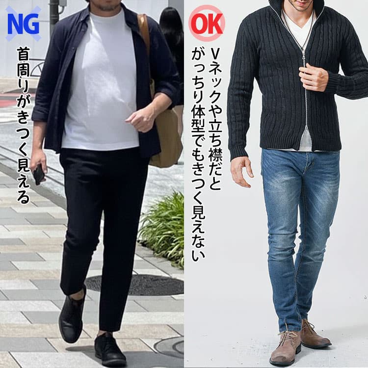 首周りがきつく見える男性とVネックや立ち襟だとがっちり体型でもきつく見えない50代男性