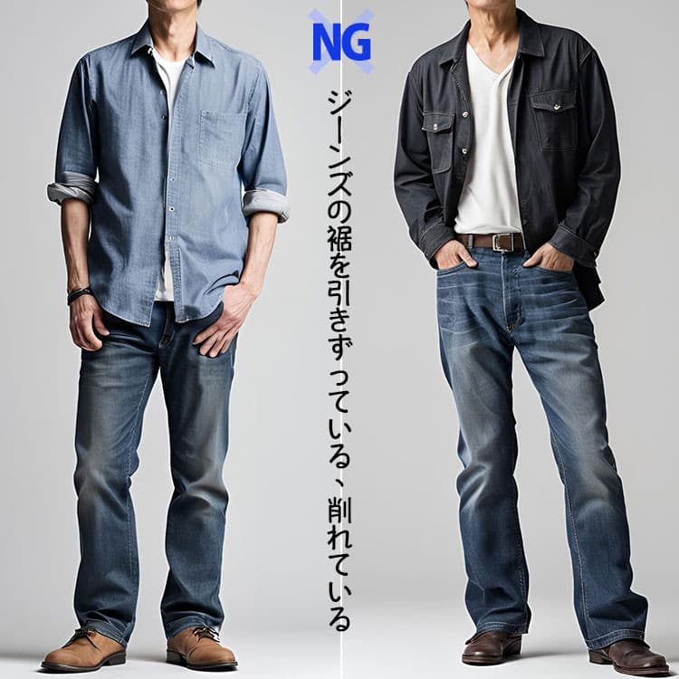 ジーンズの裾を引きずっている、削れている