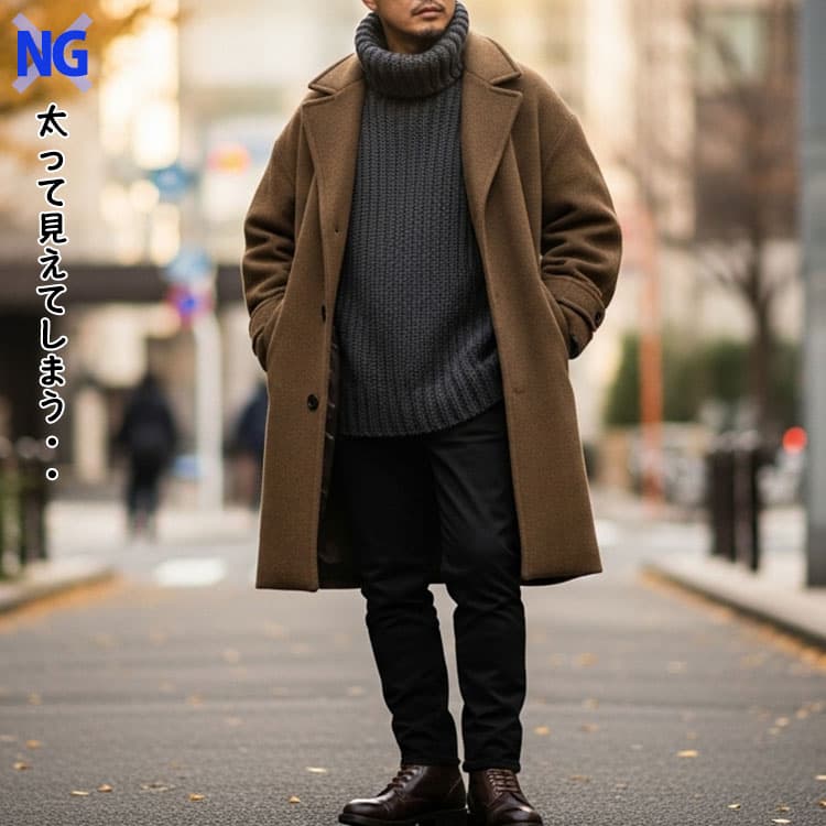 厚手のタートルネックとコートを合わせたNGコーデ例