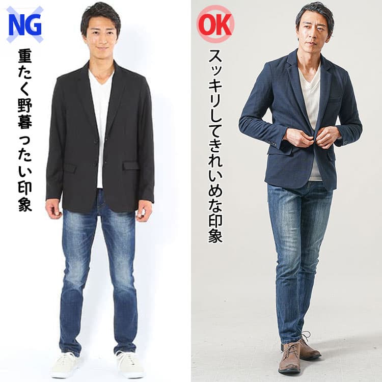 大きいテーラードジャケットと着丈が短めでくびれシルエットがきれいなテーラードジャケットを比較したきれいめメンズコーデ例