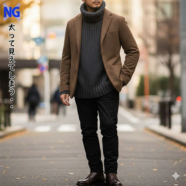 厚手でダボっとしたタートルネックを着たコーデ例