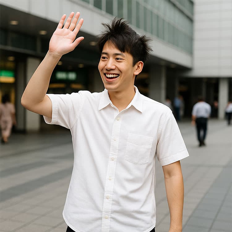 寝癖が残る髪で白シャツを着た男性が駅前で挨拶している様子