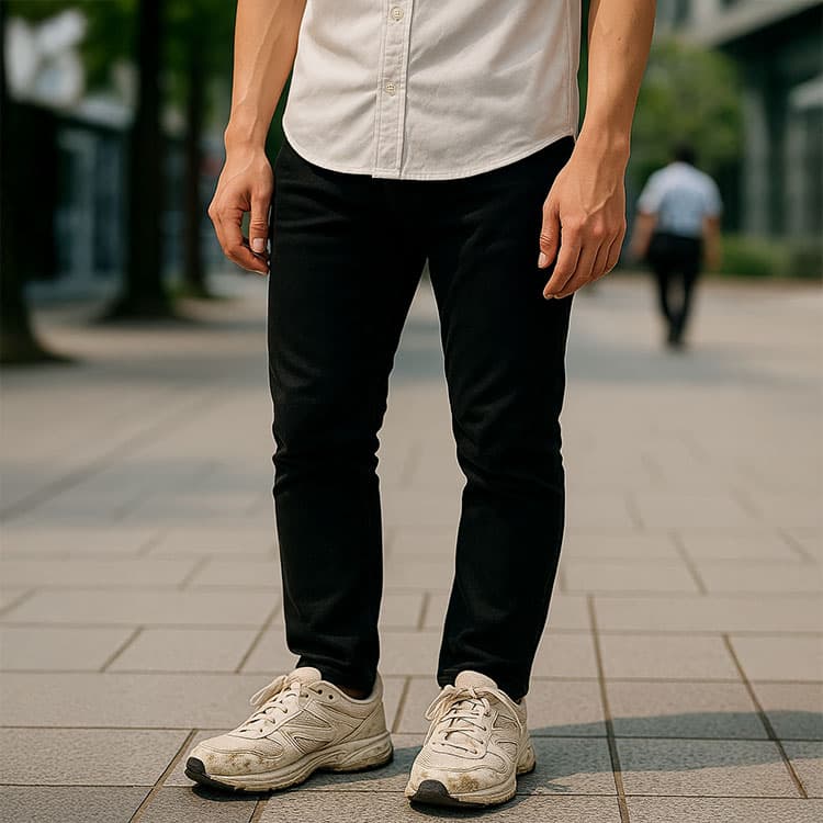 白シャツと黒パンツを着た男性の足元。擦れてかかとが削れた汚れた白スニーカーが目立つ