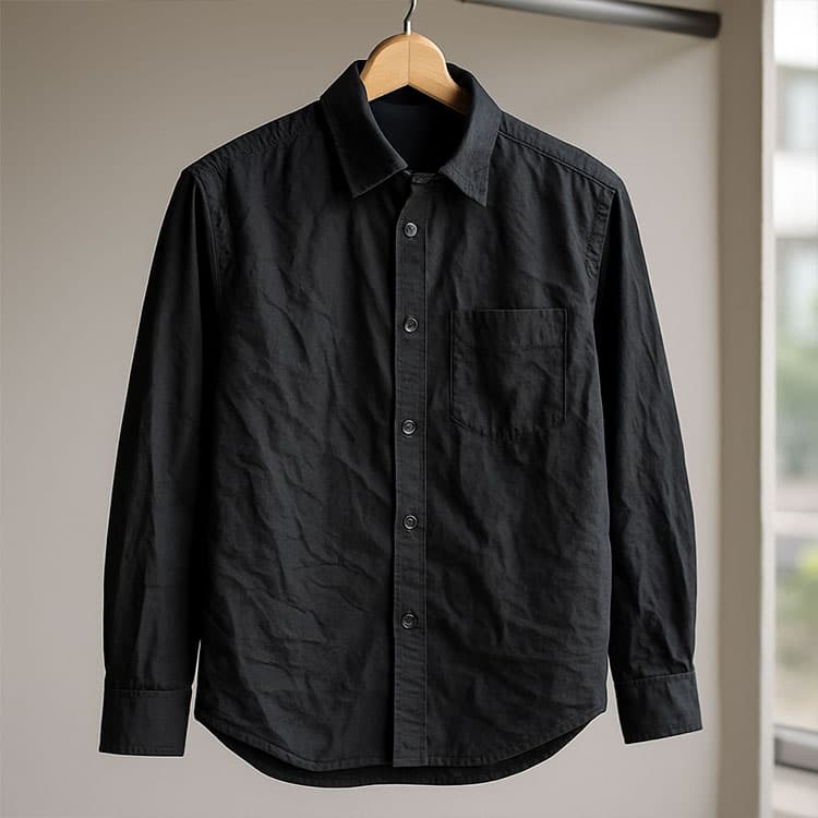 洗濯後にシワが残った黒シャツがハンガーに掛けられている様子