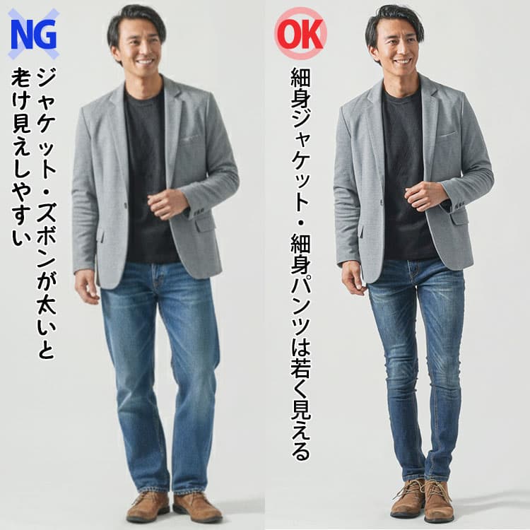 ジャケット・ズボンが太いと老け見えしやすい50代男性と細身ジャケット・細身パンツは若く見える同じ50代男性の比較