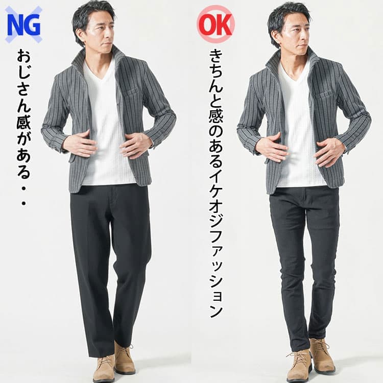 立ち襟ジャケットに太い黒パンツを合わせたコーデと脚に程よくフィットしたきれいなシルエットの黒パンツを合わせたコーデ比較