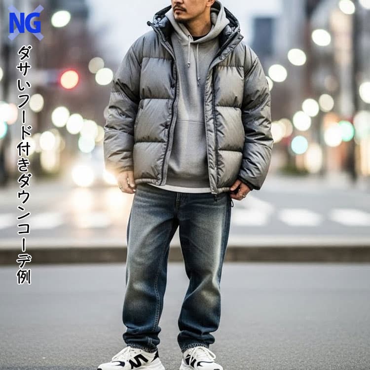 フード付きダウンにパーカーを合わせたダサいコーデ例
