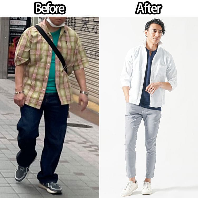 色合いがごちゃごちゃしているダサいコーデとモノトーンカラーでおしゃれな30代メンズのコーデ比較