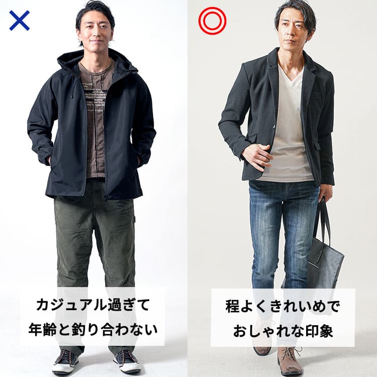 カジュアル過ぎるファッションときれいめでおしゃれなおしゃれ大人メンズファッションの比較