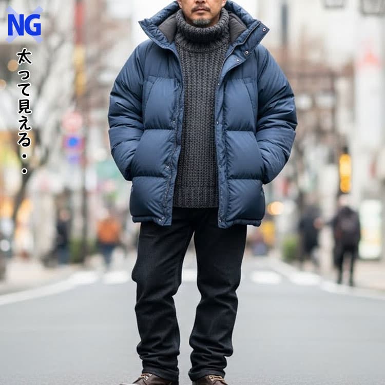 ダウンの下に厚手のタートルネックを着たNGコーデ例