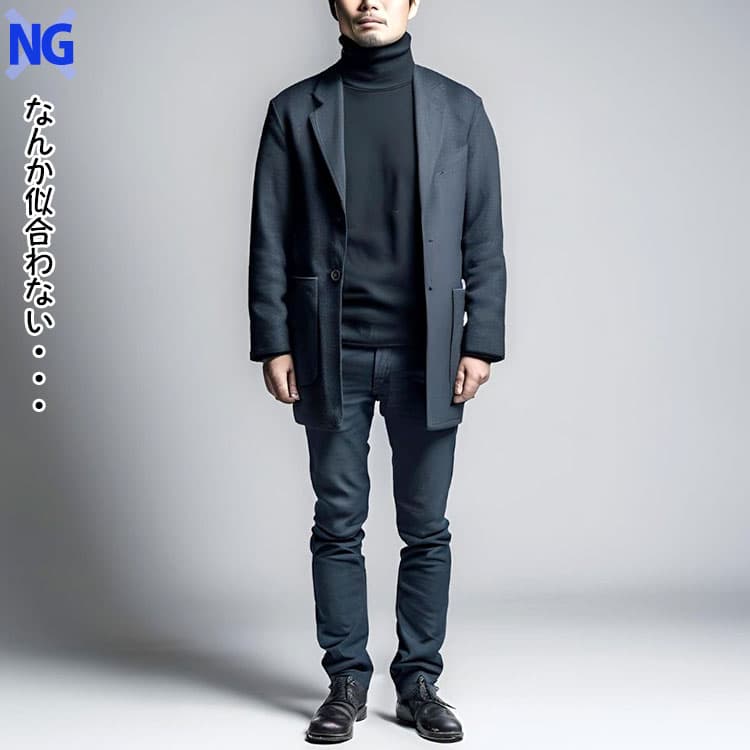 タートルネックが似合わない体型の男性の例