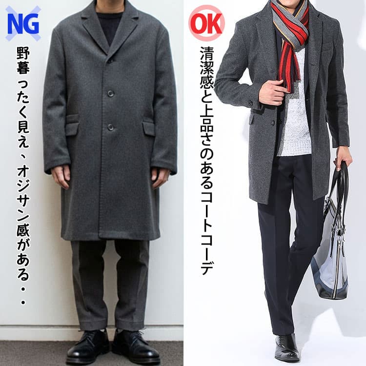 身体に合ってないコートと身体に程よくフィットした細身のコートの比較