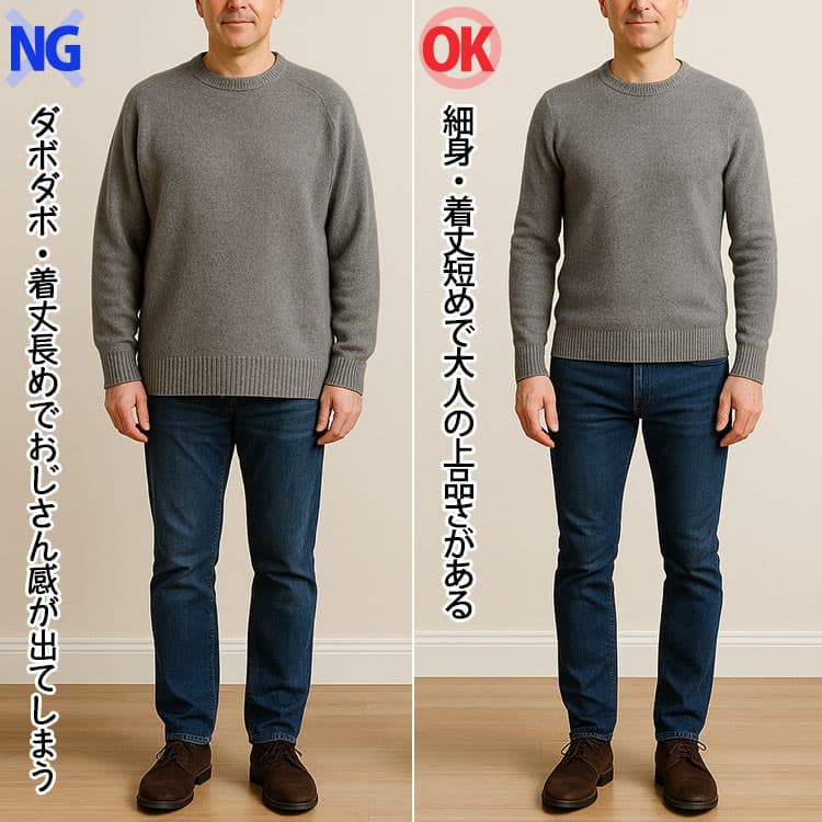 ダボダボ・着丈長めでおじさん感が出てしまうセーターと細身・着丈短めで大人の上品さがあるセーターの比較